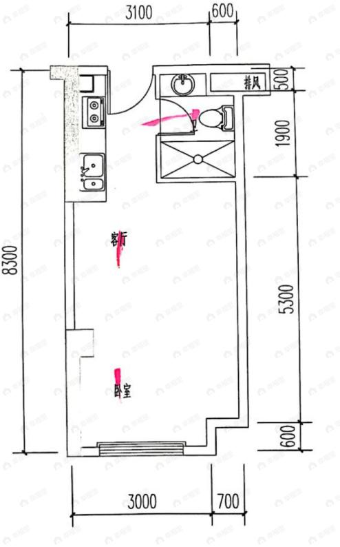 明城购物中心1室1厅1卫户型图