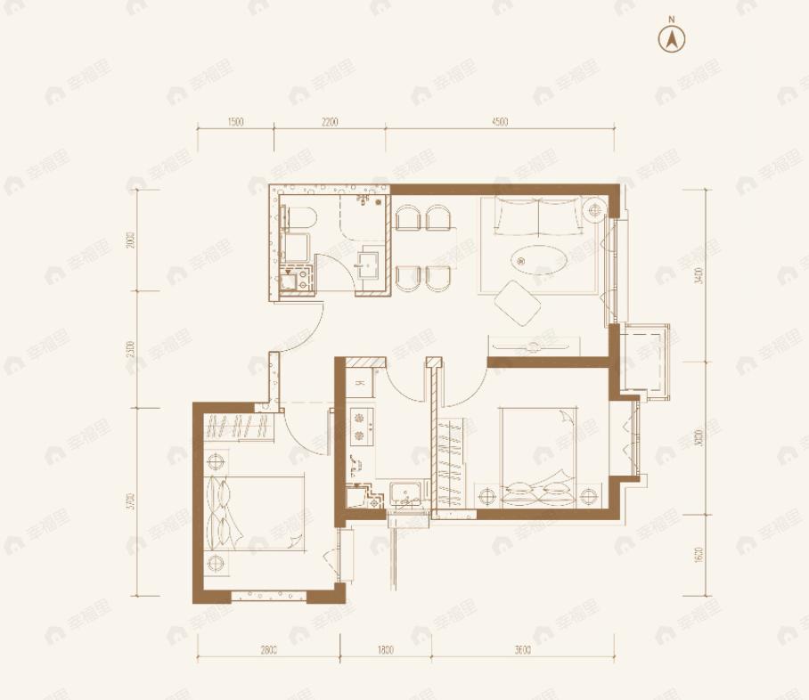 2室2厅1卫建面73平东|南户型图