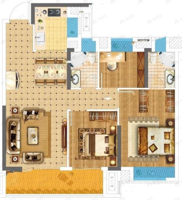 百瑞景滨江生活区3室2厅2卫户型图