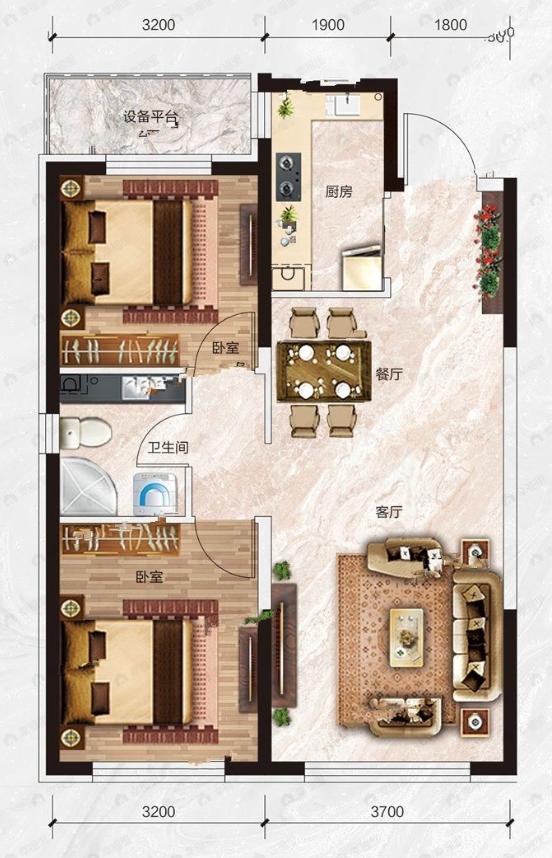 汇龙花溪半岛2室2厅1卫户型图