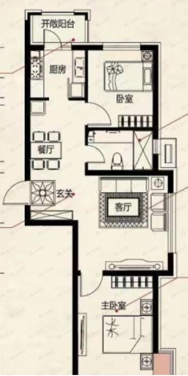 2室2厅1卫建面77平北|南户型图