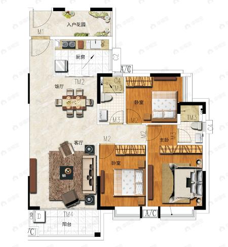 仟信广场3室2厅2卫户型图