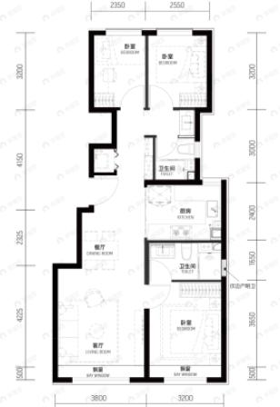 越秀·天玥3室2厅2卫户型图