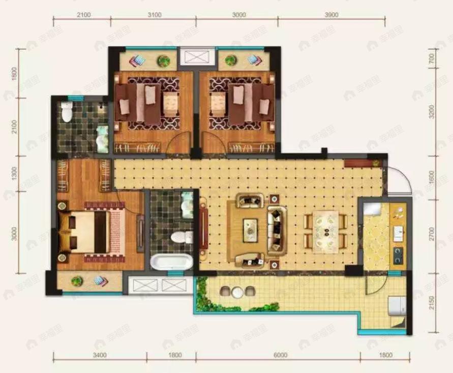 缤纷翡翠湾3室2厅2卫户型图