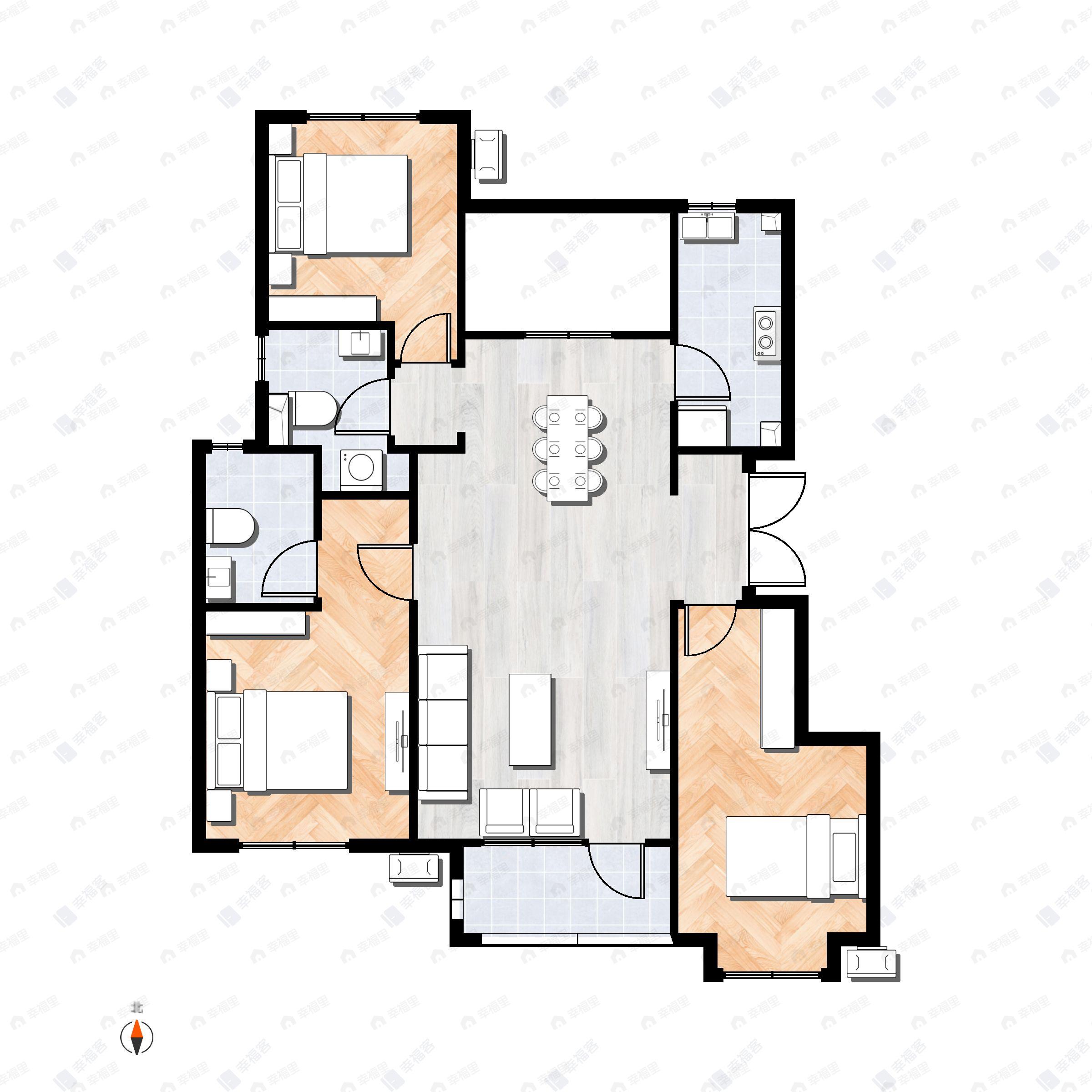 3室2厅2卫建面120m²南户型图