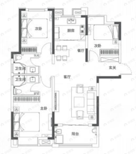 天汇龙城3室2厅2卫户型图