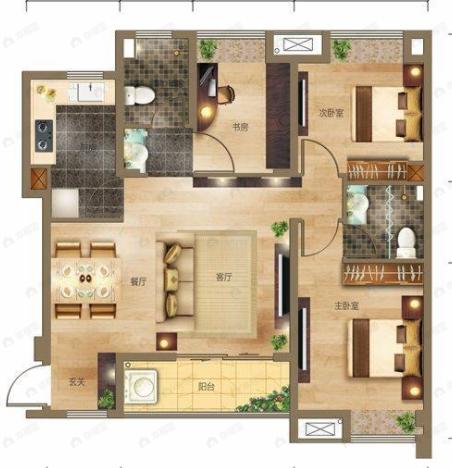 泓博朗诗悦府3室2厅2卫户型图