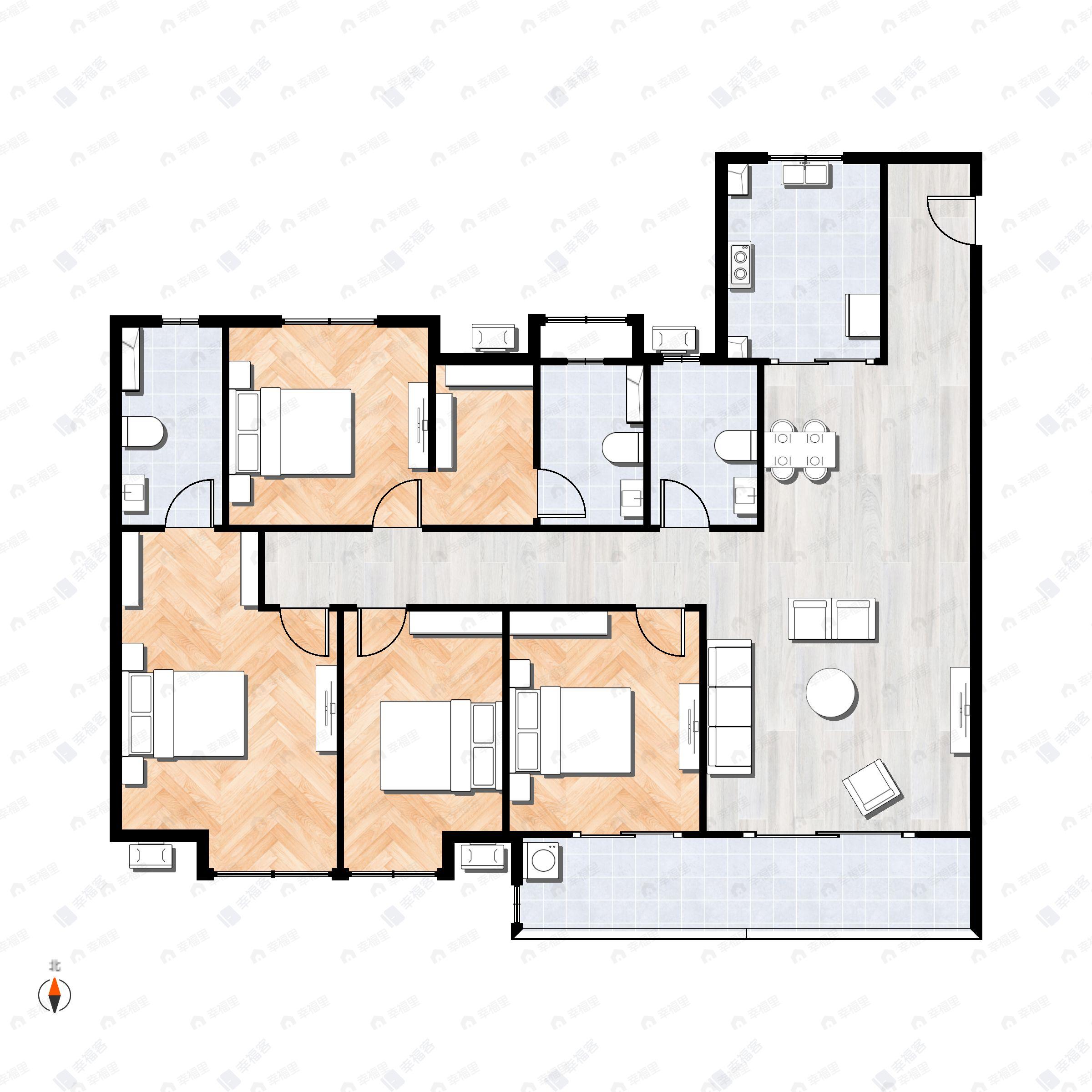 4室2厅3卫建面143平北|南户型图