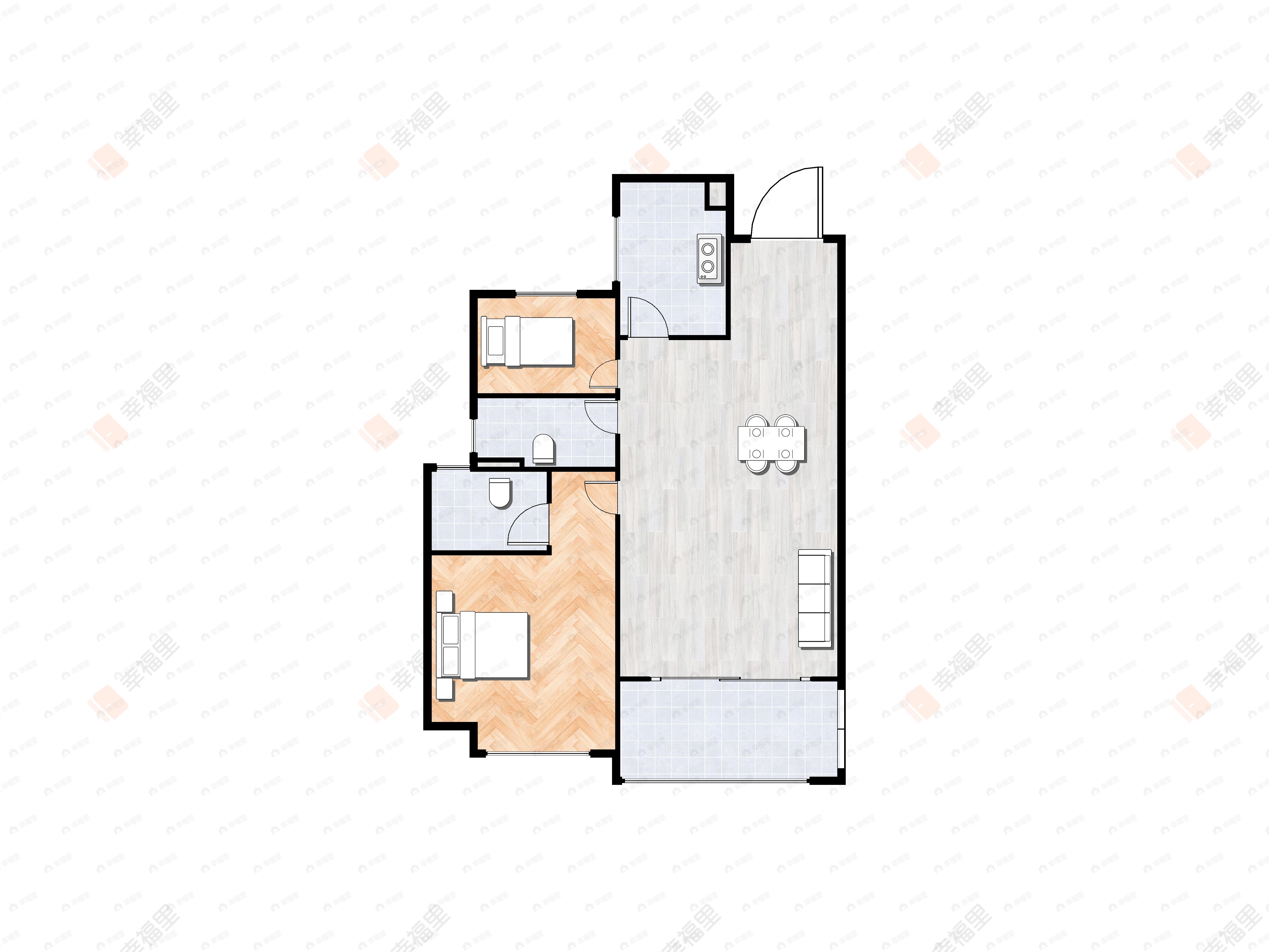 2室2厅2卫建面88m²南户型图