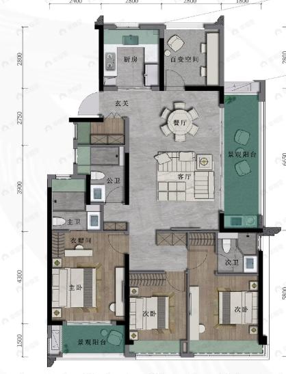 绿城滨江潮闻东方4室2厅3卫户型图