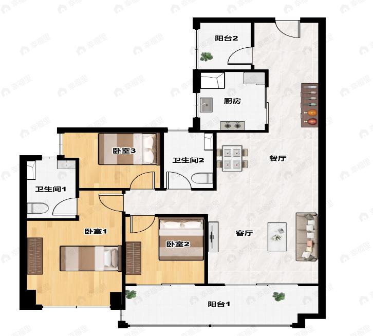 保利罗兰国际4期3室2厅2卫户型图