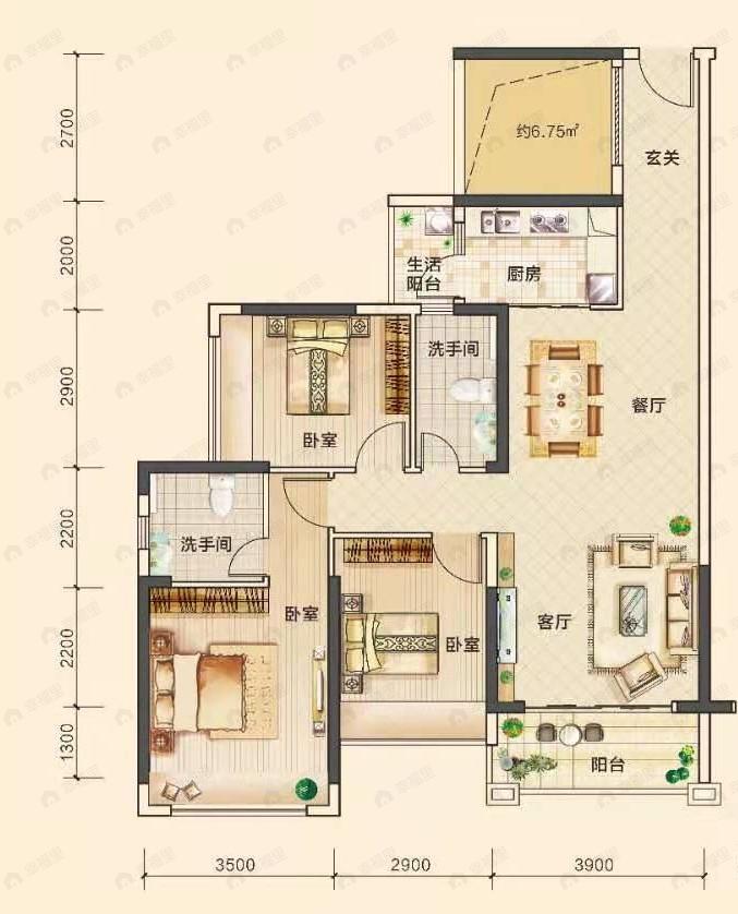 方凯天悦城3室2厅2卫户型图