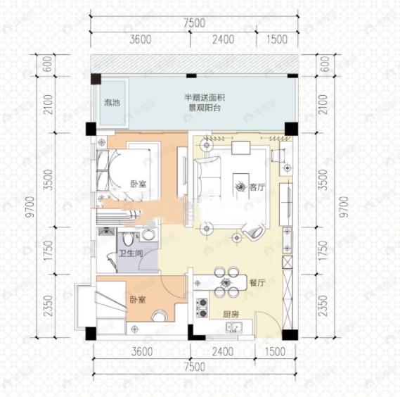 鹤鸣青云墅2室2厅1卫户型图