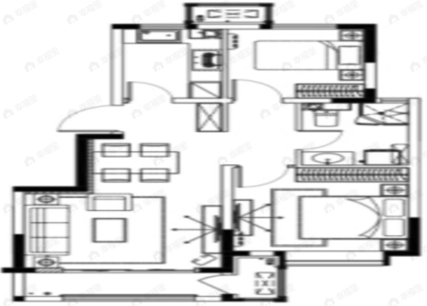 2室2厅1卫建面80平南|北户型图