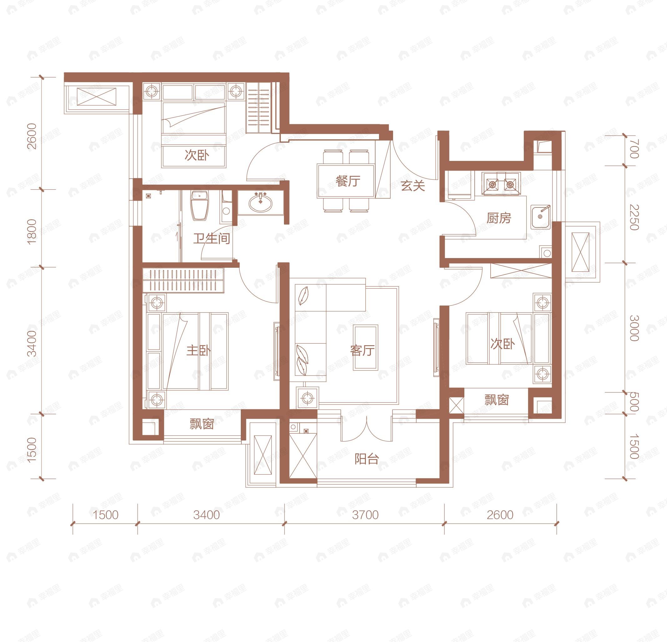 3室2厅1卫建面90平东|西|南户型图