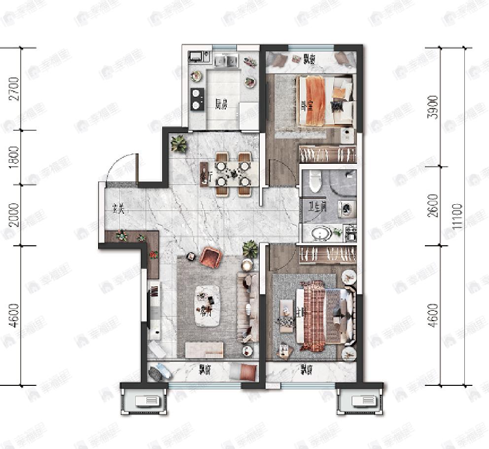 金地名峰2期2室2厅1卫户型图