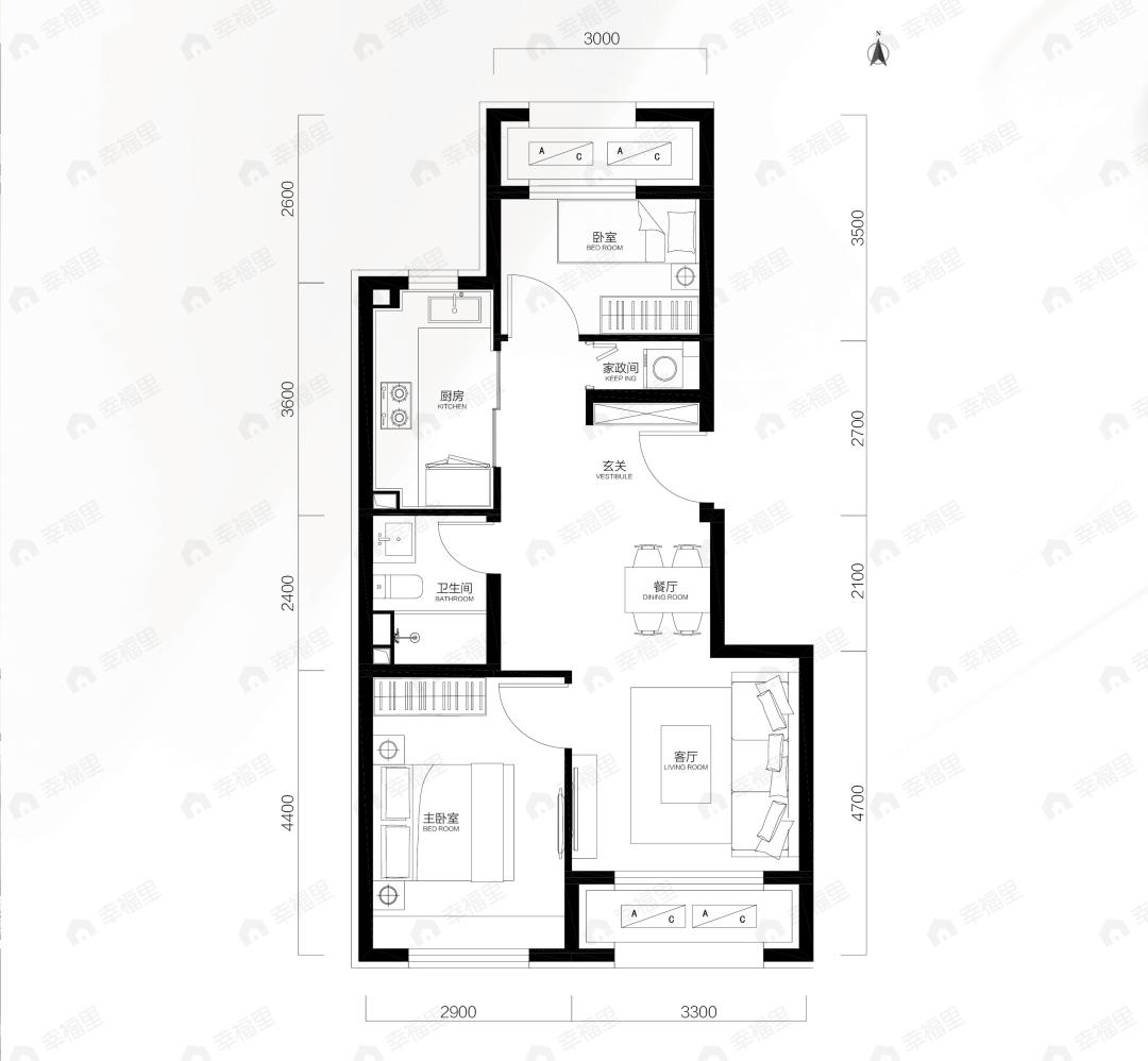 中海学仕里2室2厅1卫户型图