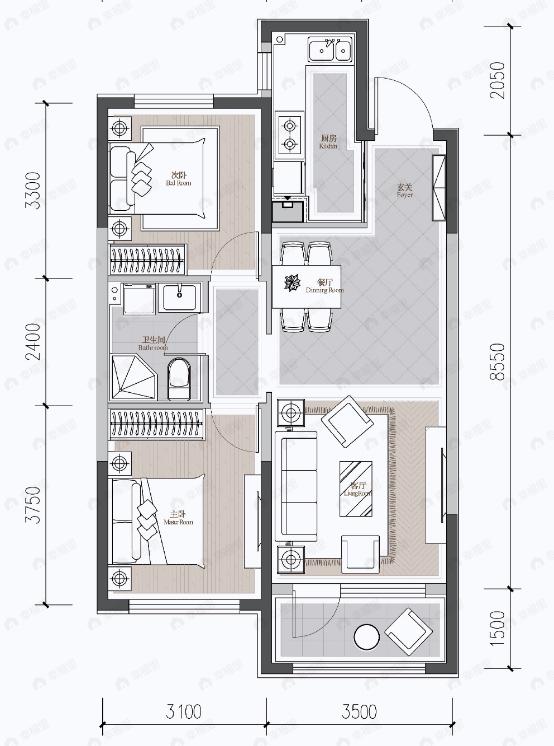 亿达青云天下2室2厅1卫户型图