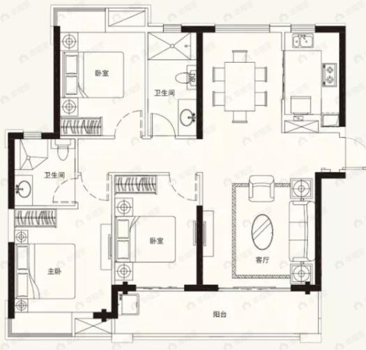 九江富力浔阳公馆3室2厅2卫户型图