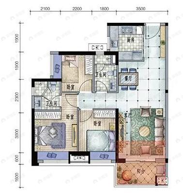 美的桂畔君兰3室2厅2卫户型图