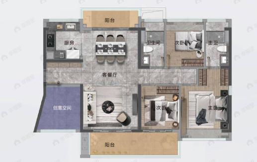 中山粤海城3室2厅2卫户型图