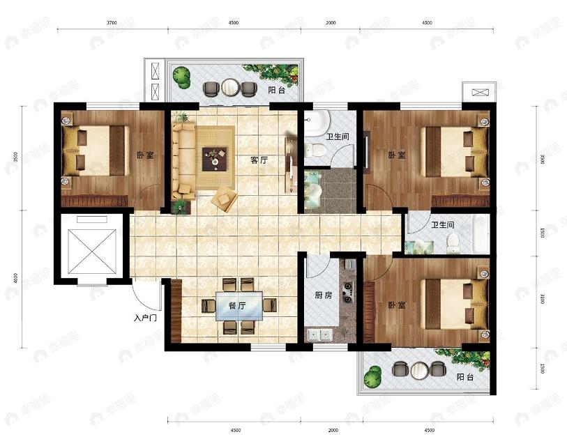 亿安天下城3室2厅2卫户型图