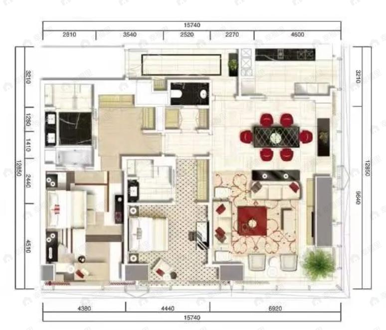 2室2厅3卫建面277平东户型图