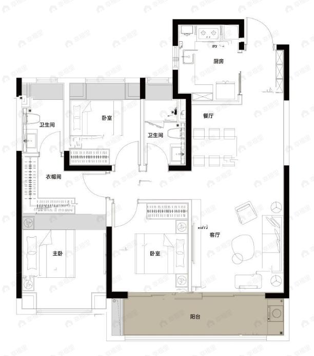 凯德·淮海壹号3室2厅2卫户型图