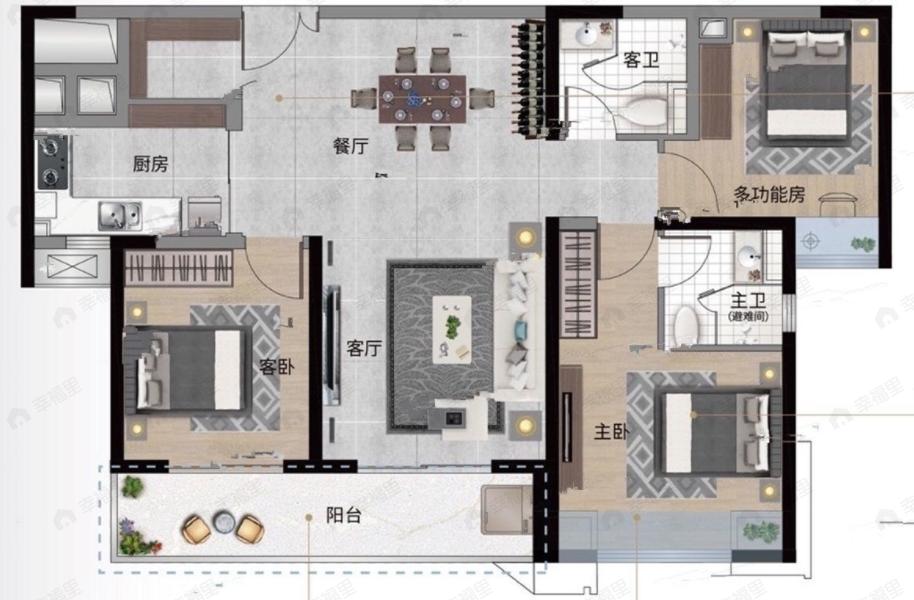 越秀汉阳星汇云锦3室2厅2卫户型图
