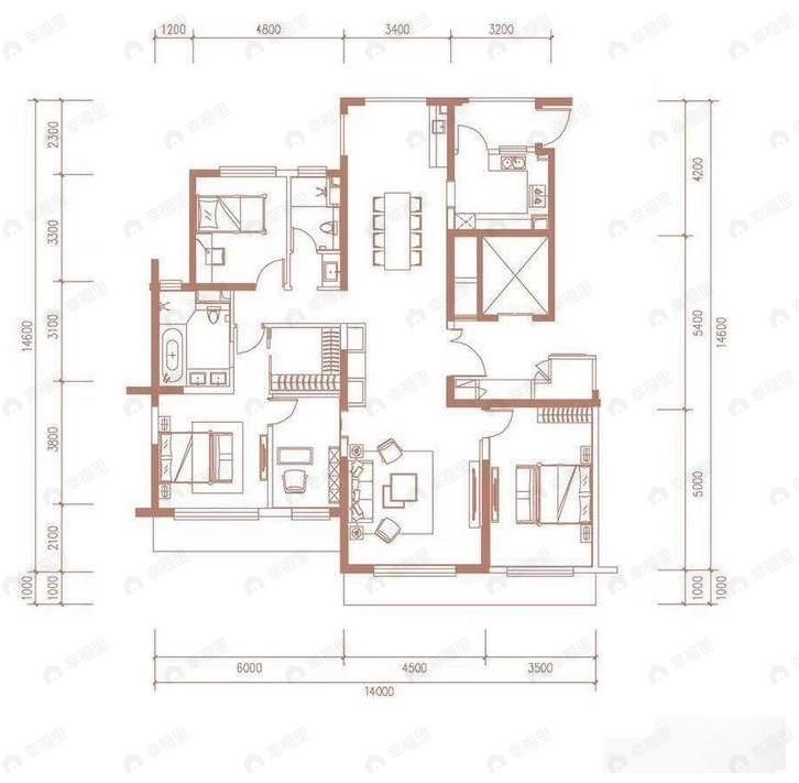 3室2厅2卫建面175m²南|北户型图
