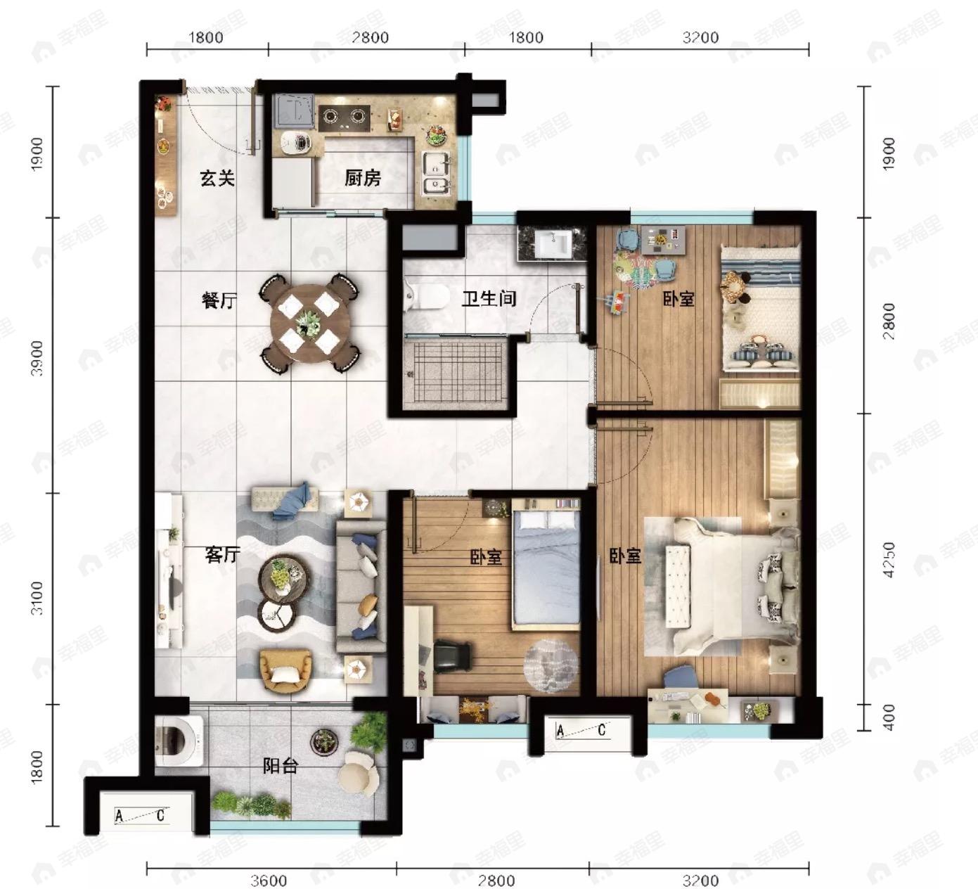 碧桂园公园上城3室2厅1卫户型图