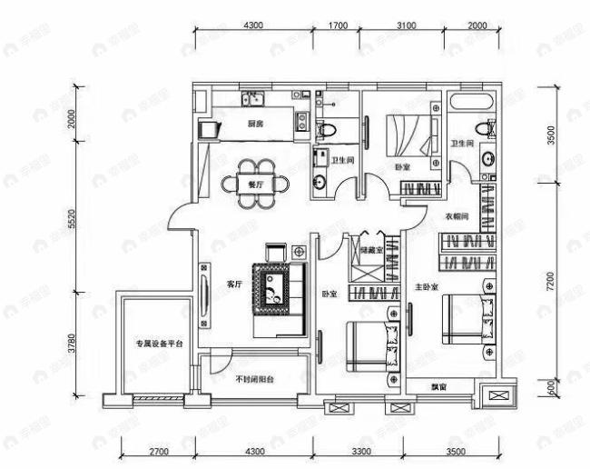 中房上东花墅3室2厅2卫户型图