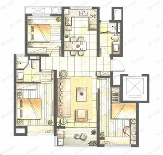 3室2厅2卫建面102平南户型图