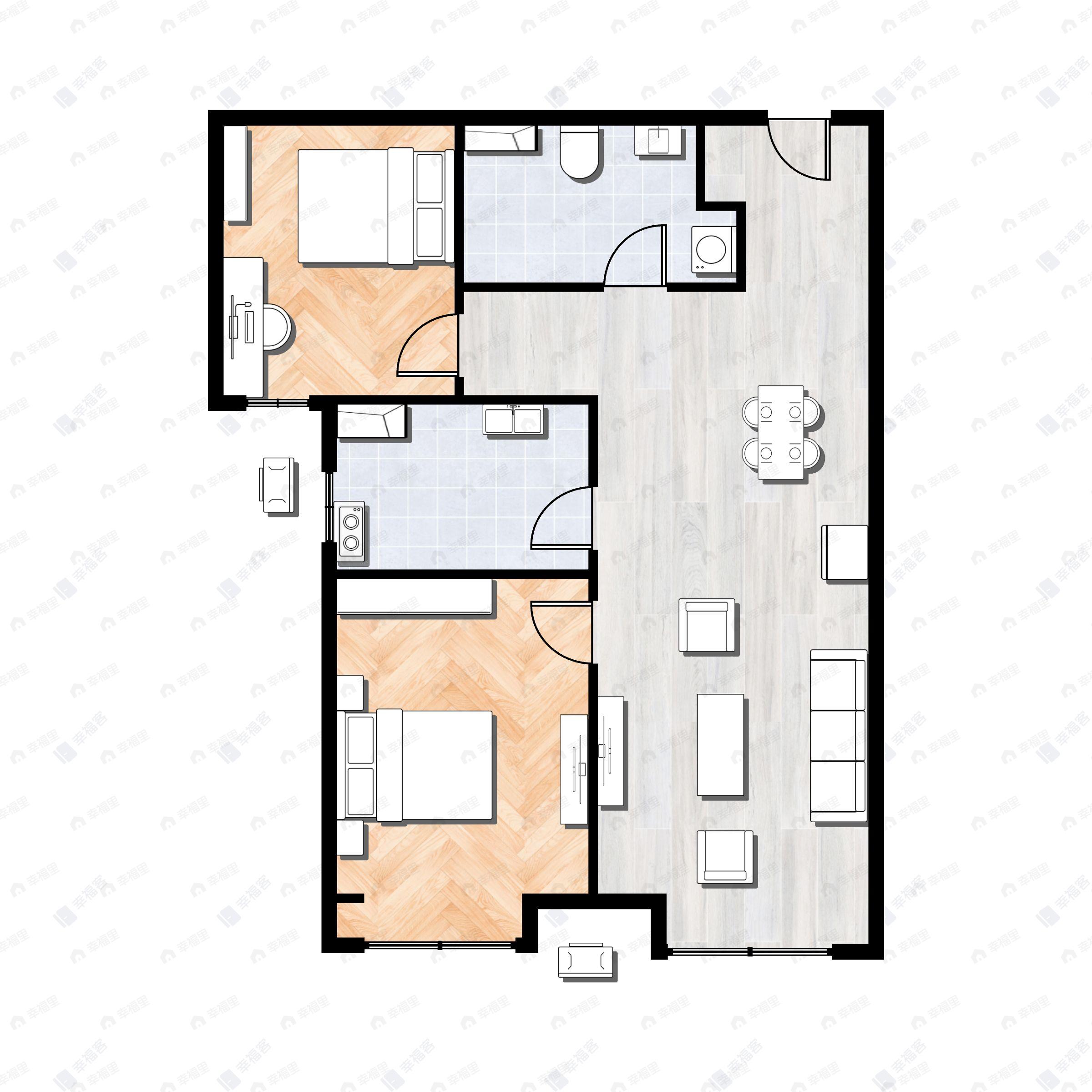 2室2厅1卫建面80m²南户型图