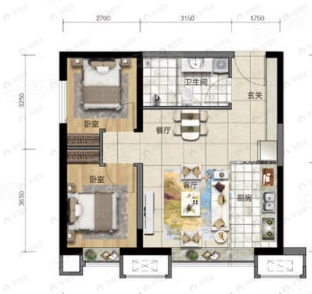 美居·大都会Meet2室2厅1卫户型图