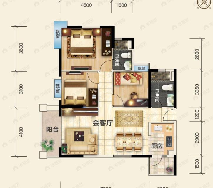 侨雅苑3室2厅2卫户型图