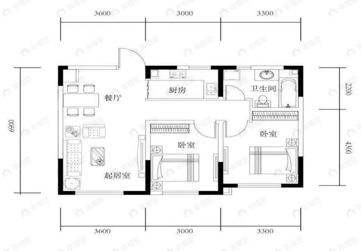 2室2厅1卫建面95m²北|西|南|东户型图