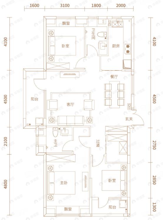 千禧城3室2厅2卫户型图