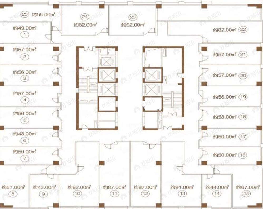 1室1厅1卫建面56m²南户型图