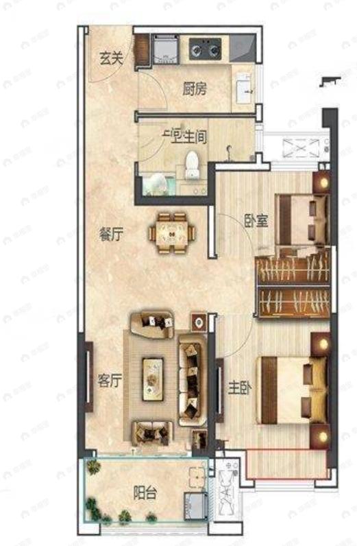 孔雀城航天府滨江苑2室2厅1卫户型图