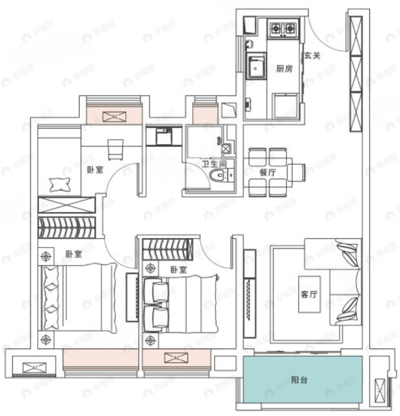 武汉雅居乐花园3室2厅1卫户型图