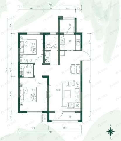 中车花溪镇二期2室2厅1卫户型图