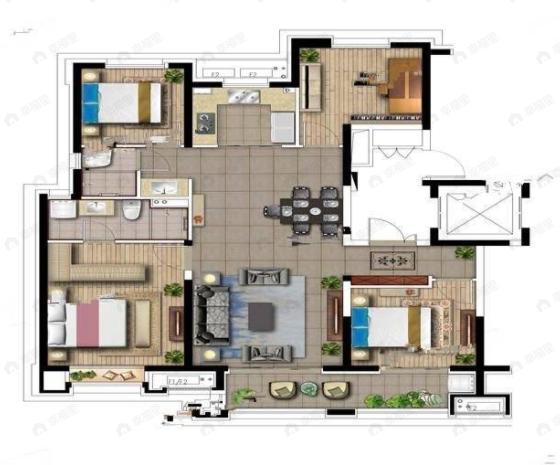 3室2厅2卫建面128m²北|南户型图
