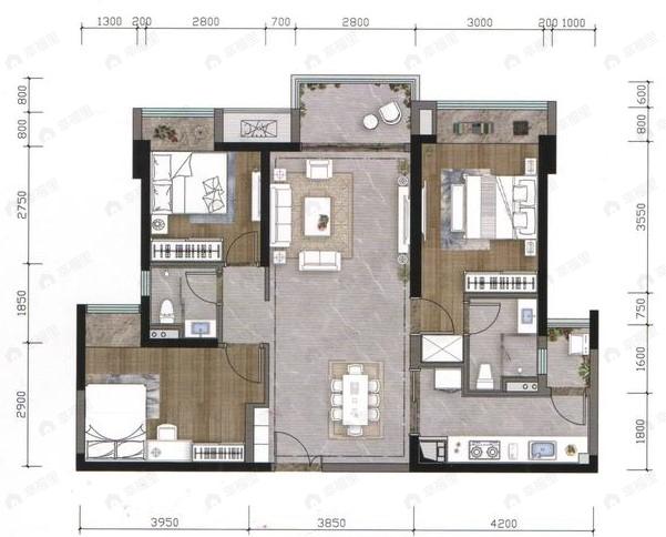 卓越皇后道3室2厅2卫户型图