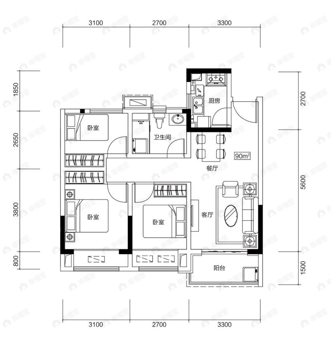 东青云锦熙悦3室2厅1卫户型图