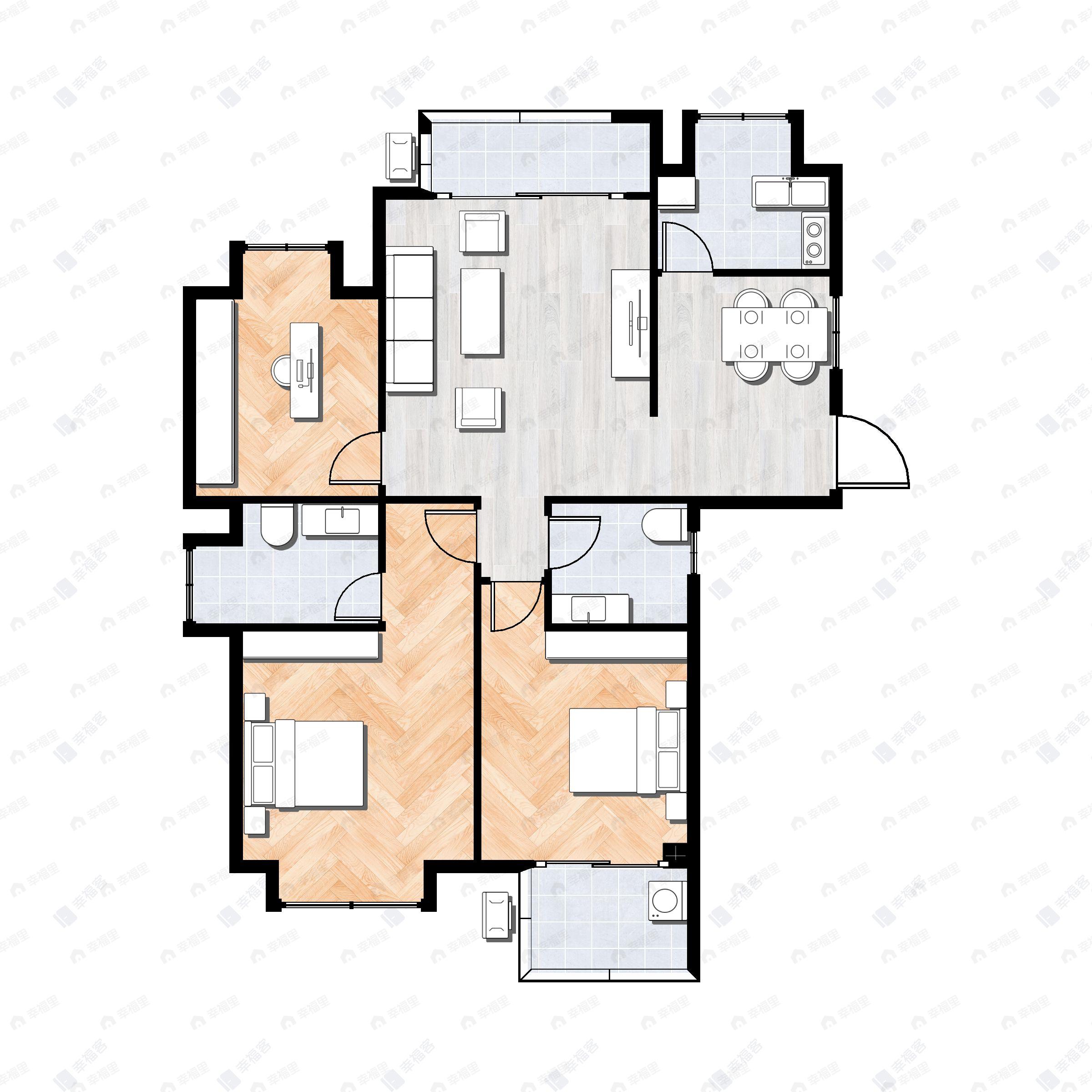3室2厅2卫建面96m²北|南户型图