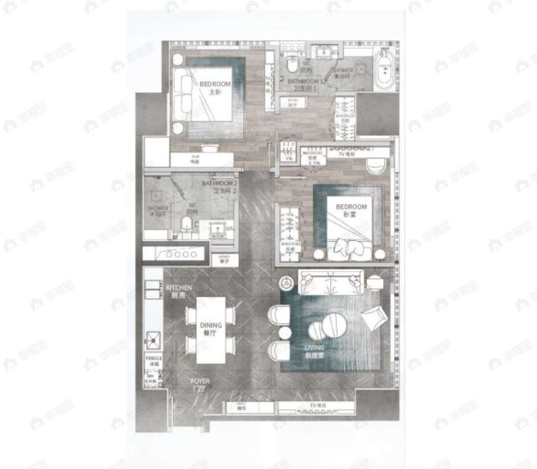 嘉裕中心J公馆2室2厅2卫户型图
