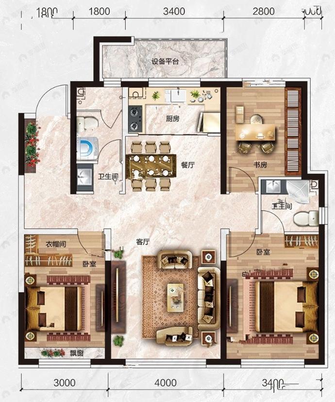 汇龙花溪半岛3室2厅2卫户型图