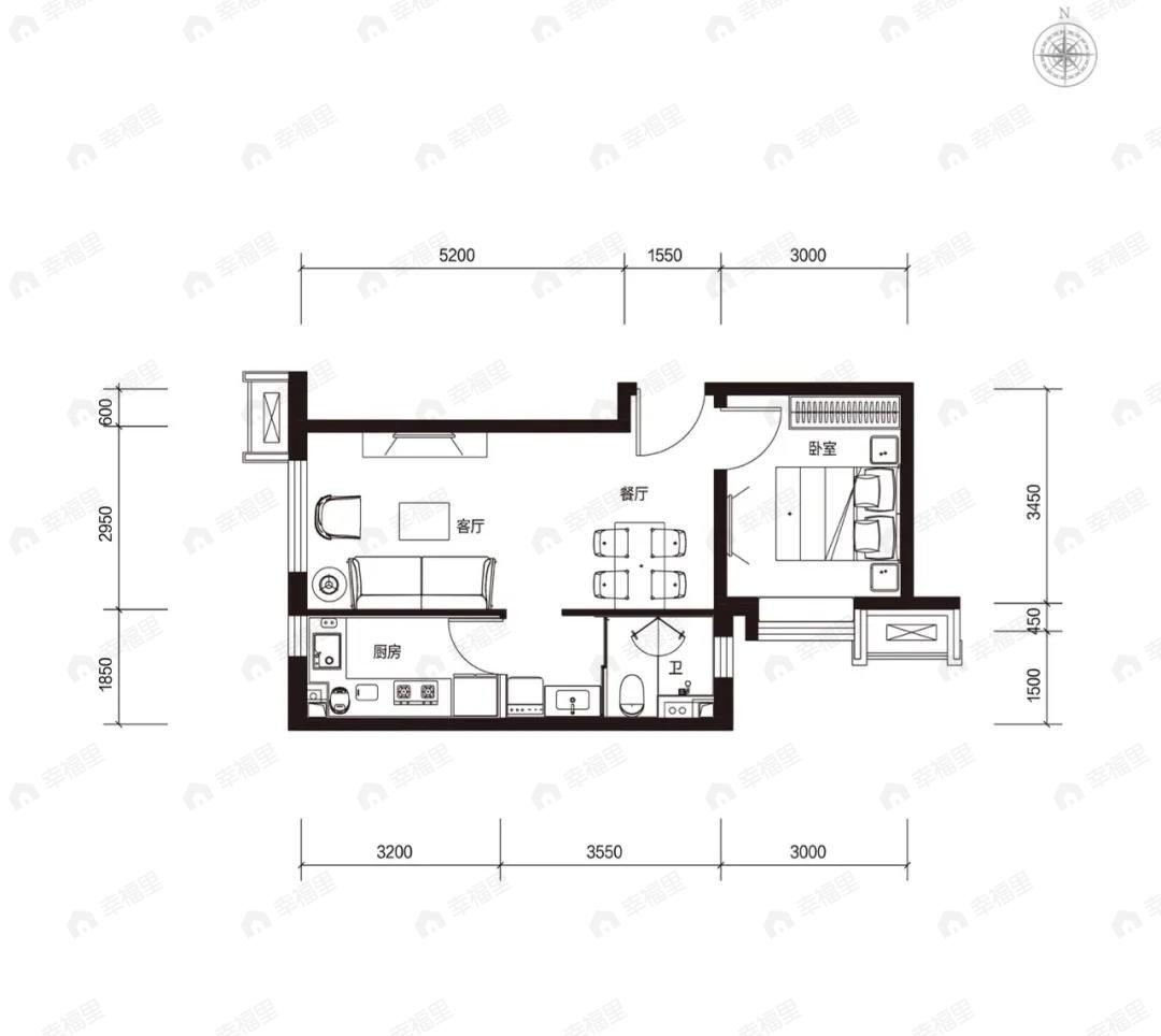 碧桂园和世界1室2厅1卫户型图