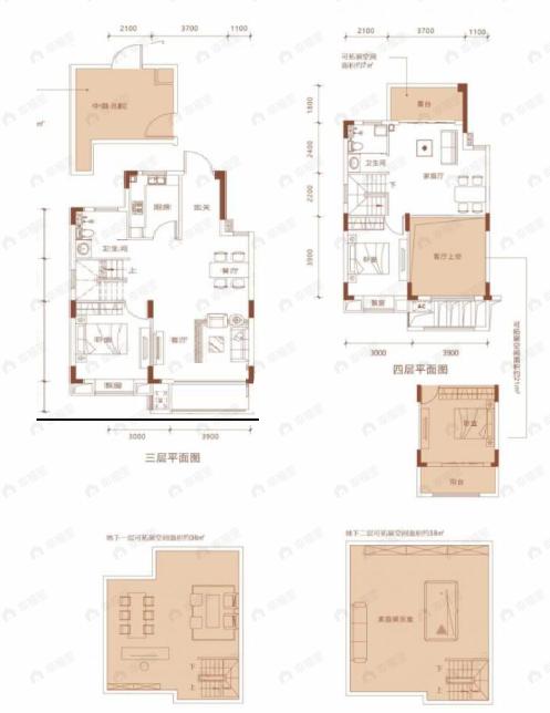 3室2厅2卫建面135m²南|北户型图